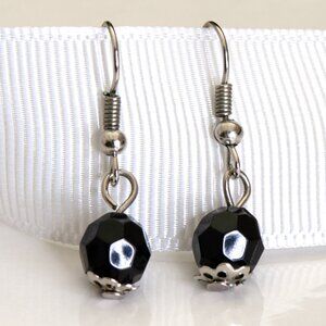 Vintage Black Faceted Bead Drop Earrings, Silver Tone Hooks, Minimalist Classic
